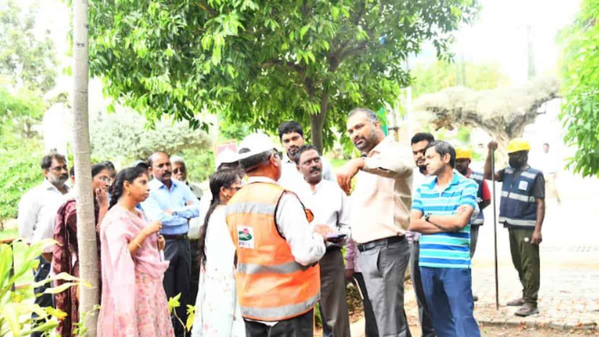 GHMC commissioner along with other officals on June 19 conducting inspection at Durgam Cheruvu park in Hyderabad