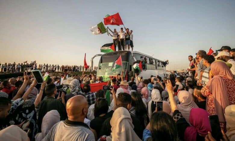 A large crowd of activists gathers around a bus as part of the Global March to Gaza. Several people stand on top of the bus waving Palestinian, Tunisian, and Algerian flags, while others cheer and film the scene with their phones. The sun sets in the background.