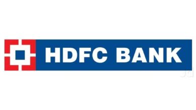 HDFC Bank logo featuring a red and white square emblem on the left and bold white text "HDFC BANK" on a blue background.