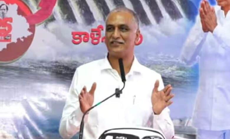 The image shows former irrigation minister T Harish Rao giving presentation on Kaleshwaram Project at Telangana Bhavan on Saturday, June 7, 2025.
