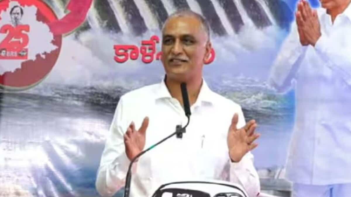 The image shows former irrigation minister T Harish Rao giving presentation on Kaleshwaram Project at Telangana Bhavan on Saturday, June 7, 2025.