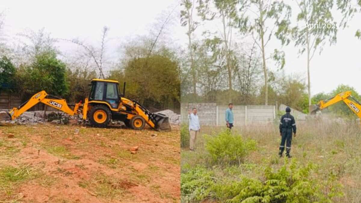Image shows HYDRAA on June 23 clearing unauthorised constructions near Ghatkesar.