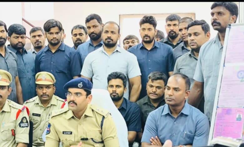 Image shows Hyderabad police during a press meet on the arrest of 4 individuals for duping the public with 2BHK flat promises.