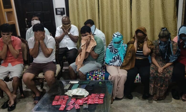 Image shows all six accused and the four women rescued in connection with the prostitution racket busted in Banjara Hills