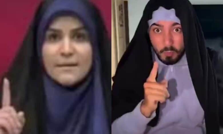 Side-by-side image showing Iranian news anchor Sahar Emami (left) wearing a dark headscarf and speaking seriously with her index finger raised during a live broadcast, and an Israeli TikToker (right) mocking her by imitating her clothing and gesture in a parody video.