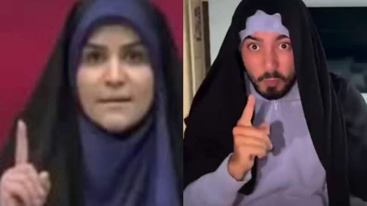 Side-by-side image showing Iranian news anchor Sahar Emami (left) wearing a dark headscarf and speaking seriously with her index finger raised during a live broadcast, and an Israeli TikToker (right) mocking her by imitating her clothing and gesture in a parody video.