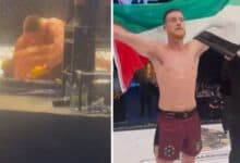Split image of an MMA fight in progress on the left, and an Irish MMA fighter celebrating victory while holding a Palestinian flag on the right, following a controversial bout against an Israeli opponent in Rome.