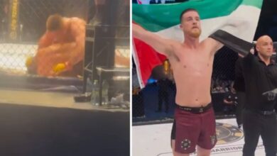 Split image of an MMA fight in progress on the left, and an Irish MMA fighter celebrating victory while holding a Palestinian flag on the right, following a controversial bout against an Israeli opponent in Rome.