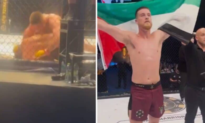 Split image of an MMA fight in progress on the left, and an Irish MMA fighter celebrating victory while holding a Palestinian flag on the right, following a controversial bout against an Israeli opponent in Rome.