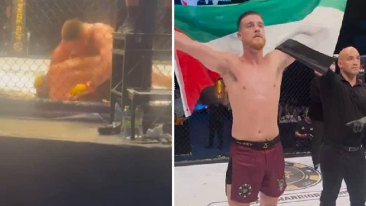 Split image of an MMA fight in progress on the left, and an Irish MMA fighter celebrating victory while holding a Palestinian flag on the right, following a controversial bout against an Israeli opponent in Rome.
