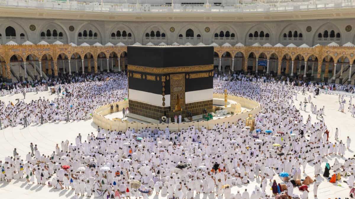 The image of a large crowd of pilgrims in white Ihram garments surrounds the Kaaba at the Grand Mosque in Makkah during daylight. The Kiswah covering the Kaaba is clearly visible, with the sacred door and golden embroidery in view.