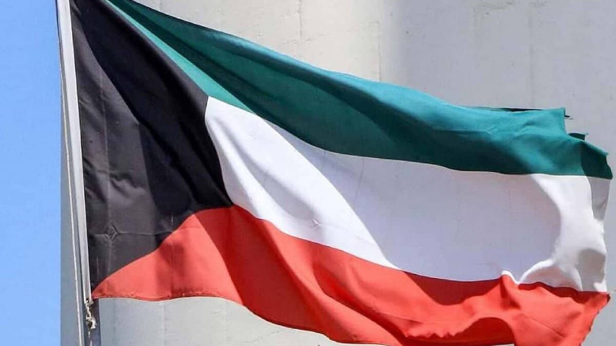 The national flag of Kuwait waving in the wind, showing horizontal stripes of green, white, and red with a black trapezoid on the hoist side, against a light-coloured background.