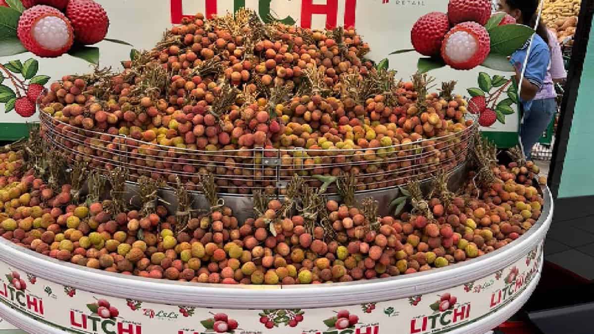 A large display of fresh litchi fruits in a wire basket at a market, with a backdrop featuring images of litchi and the word