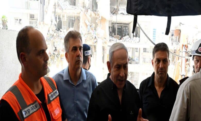 Israeli PM Netanyahu inspects a site in Tel Aviv