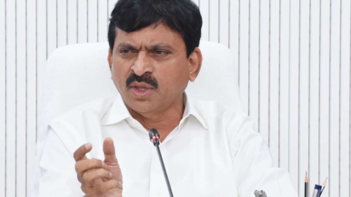 The image shows Telangana revenue minister Ponguleti Srinivasa Reddy holding high-level meeting on flood loss mitigation at the secretariat on Thursday, June 12, 2025.