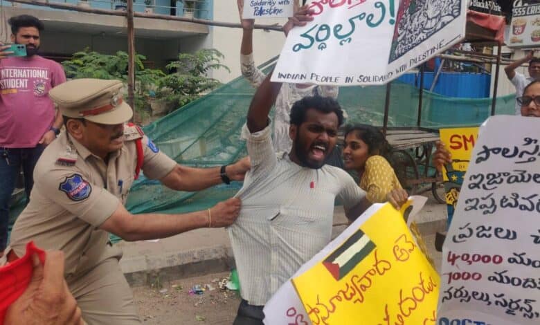 Image shows protest erupts at US Consulate in Hyderabad over US support to Israel; several detained