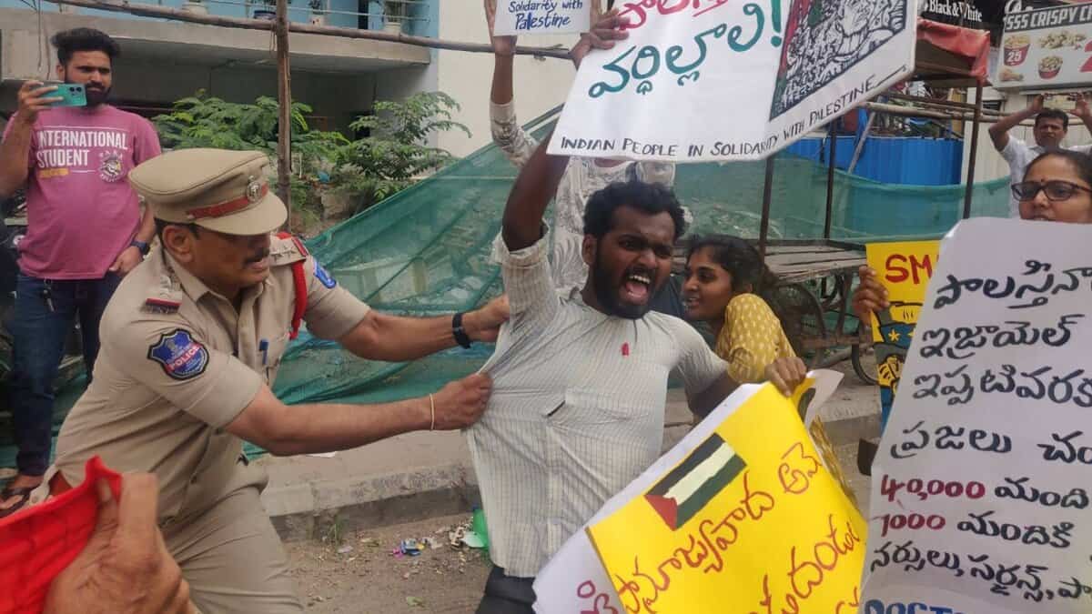 Image shows protest erupts at US Consulate in Hyderabad over US support to Israel; several detained