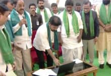 The image shows Telangana CM A Revanth Reddy releasing the Rythu Bharosa crop input financial assistance during Rythu Nestham programme in Hyderabad on Monday, June 16, 2025.