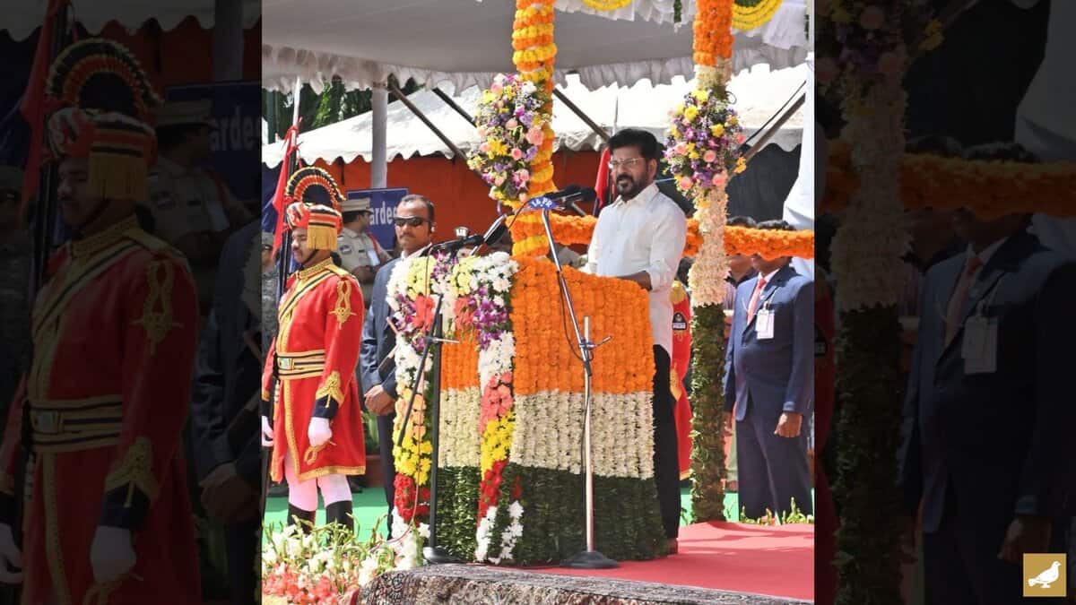 Telangana CM Revanth addresses a meeting during state formation day