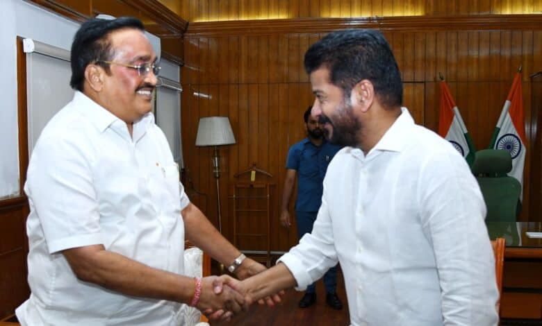 The image shows Telangana CM A Revanth Reddy meeting Union Jal Shakti minister CR Patil in New Delhi on Thursday, June 19, 2025.