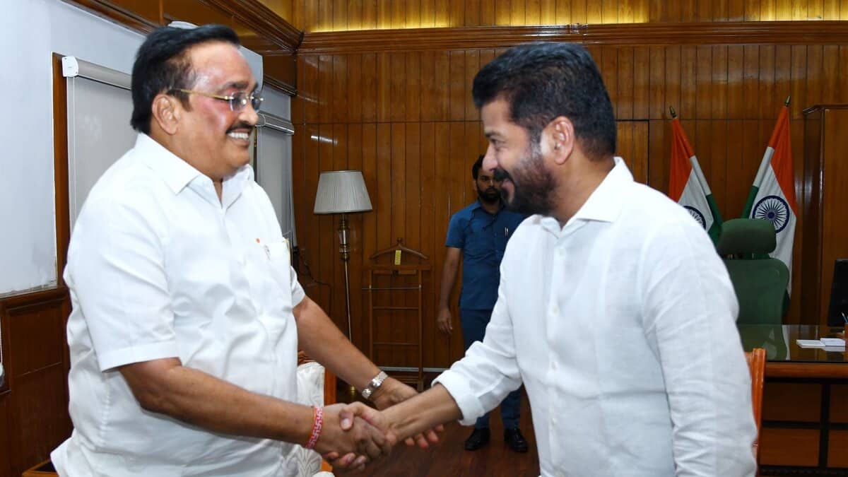 The image shows Telangana CM A Revanth Reddy meeting Union urban affairs minister Manohar Lal Khattar in New Delhi on Thursday, June 19, 2025.