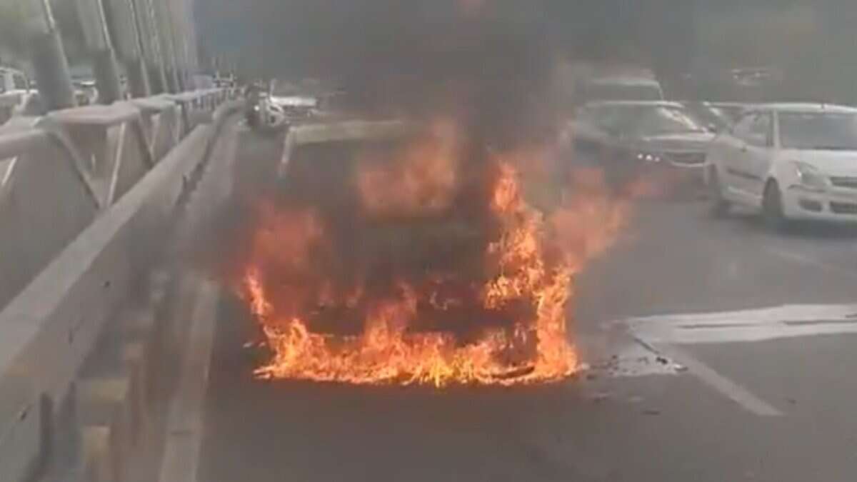 Image shows car engulfed in flames on June 6 at Durgam Cheruvu Cable Bridge.