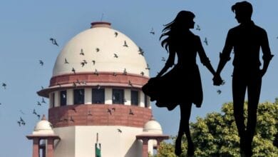 The image contains Supreme Court of India in the background and lovers in the foreground
