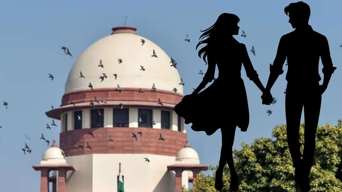 The image contains Supreme Court of India in the background and lovers in the foreground