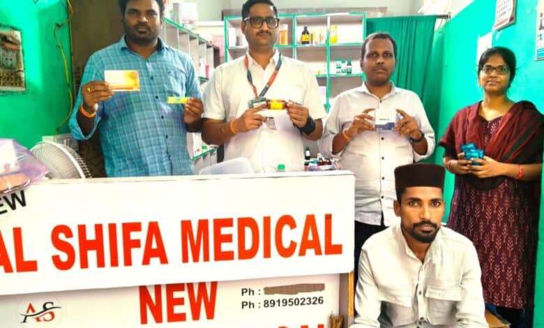 The image displays a picture of Telangana DCA officials raiding a medical shop in Hyderabad