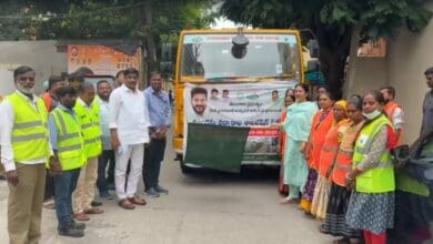 The image displays a picture of Deputy mayor of Greater Hyderabad flagging off pre-monsoon special sanitation vehicles