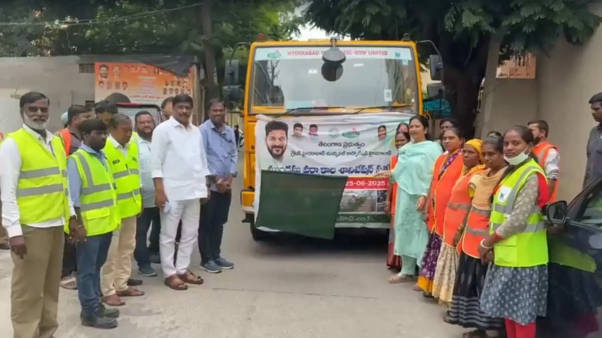 The image displays a picture of Deputy mayor of Greater Hyderabad flagging off pre-monsoon special sanitation vehicles