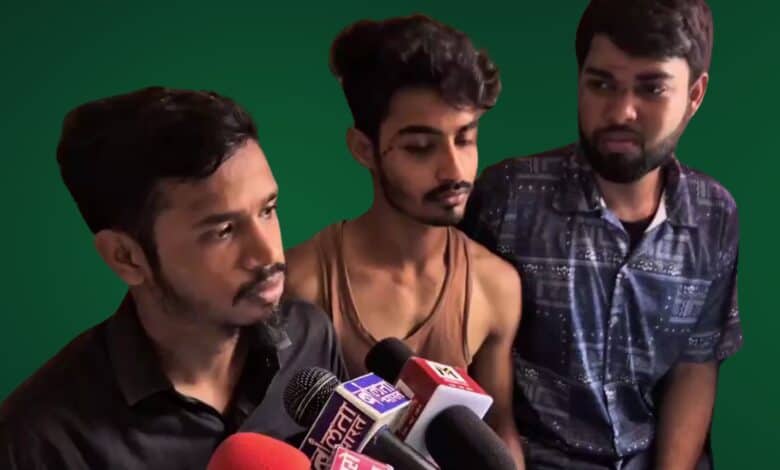 The image displays a picture of three Muslim men who were assaulted in Jharkhand
