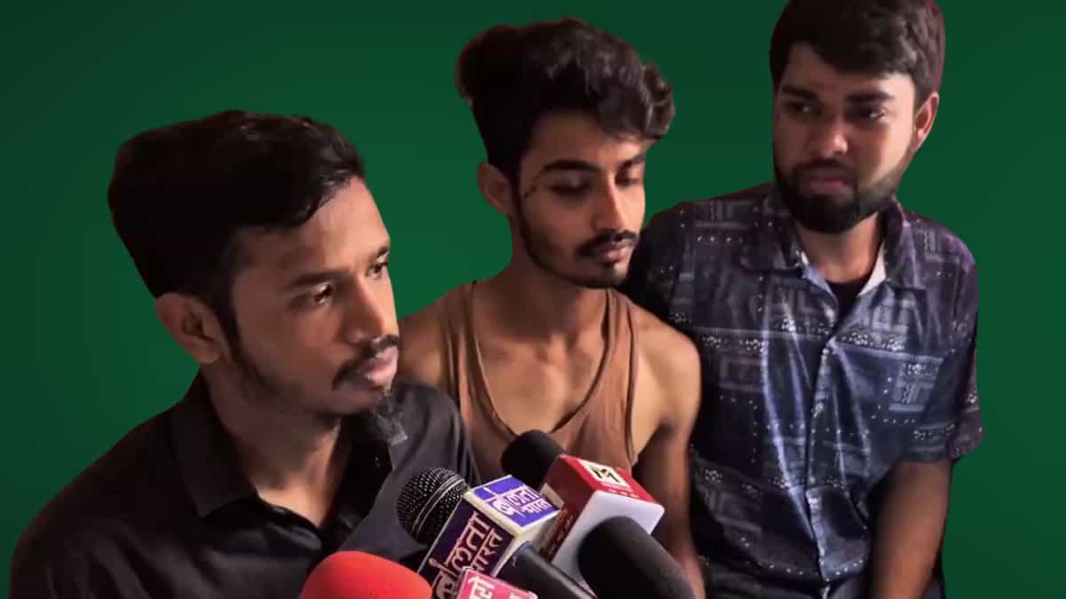 The image displays a picture of three Muslim men who were assaulted in Jharkhand