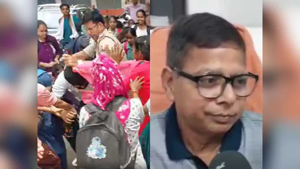 The image displays two pictures - On the left is a a mob beating a man and on the right is the Aligarh assistant professor