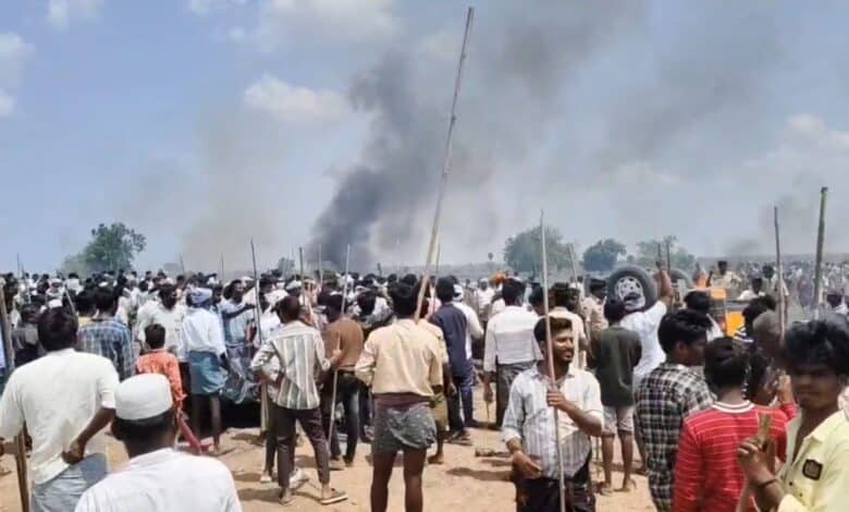 The image displays a picture of Telangana farmers protest against the construction of ethanol factory in Jogulamba Gadwal district