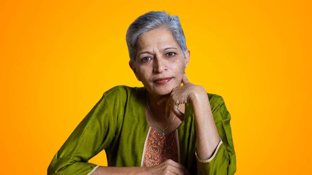 The image displays a picture of Kannada journalist Gauri Lankesh who was murdered in 2017
