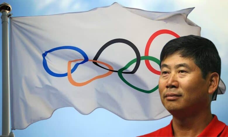 The image displays a picture of Olympics flag in the background and Legendary Korean coach KiSik Lee in the front