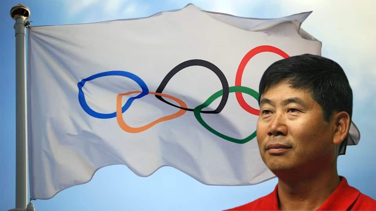The image displays a picture of Olympics flag in the background and Legendary Korean coach KiSik Lee in the front