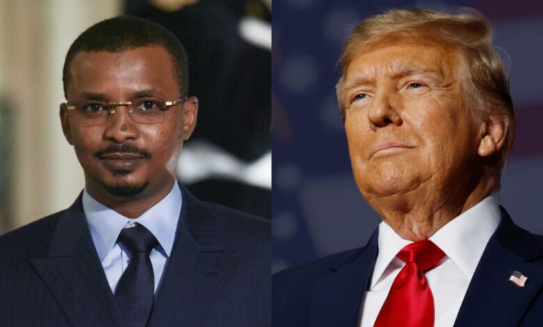 The image displays two pictures: on the left is Chad's President Mahamat Idriss Deby and on the right is US President Donald Trump