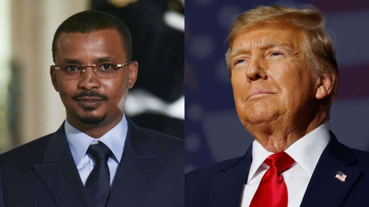 The image displays two pictures: on the left is Chad's President Mahamat Idriss Deby and on the right is US President Donald Trump