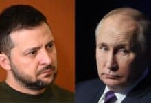 The image displays two pictures. On the left is Ukrainian President Volodymyr Zelenskyy and on the right is Russian President Vladimir Putin