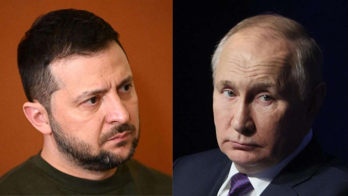 The image displays two pictures. On the left is Ukrainian President Volodymyr Zelenskyy and on the right is Russian President Vladimir Putin