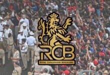 The image displays a picture of Bengaluru stampede in the background and RCB logo in the foreground