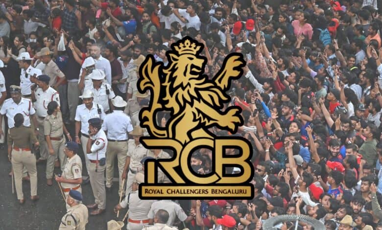 The image displays a picture of Bengaluru stampede in the background and RCB logo in the foreground