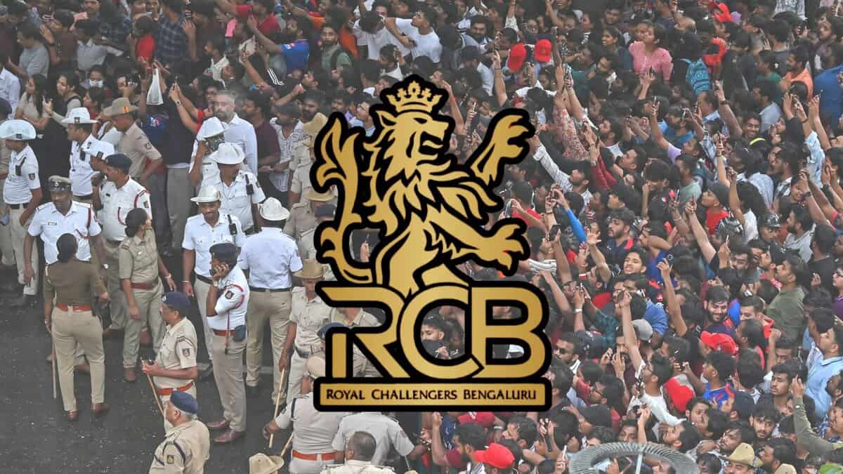 The image displays a picture of Bengaluru stampede in the background and RCB logo in the foreground