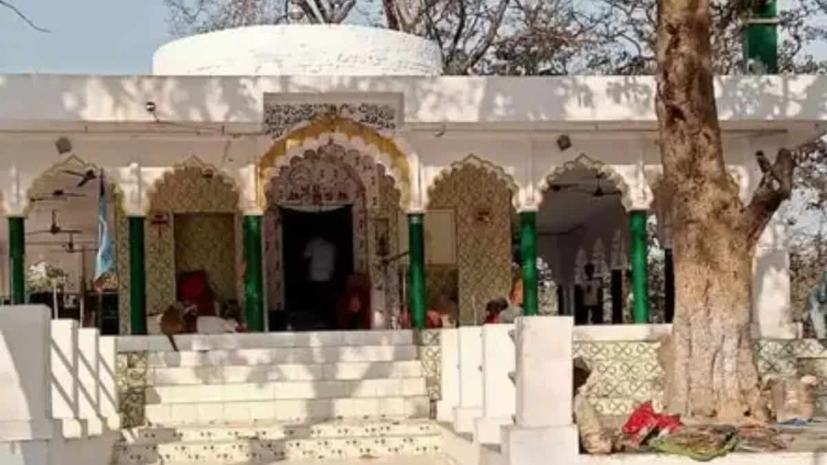 The image displays a picture of The 16th century tomb of Lakkad Shah Baba in UP was demolished after officials cited it was illegal construction