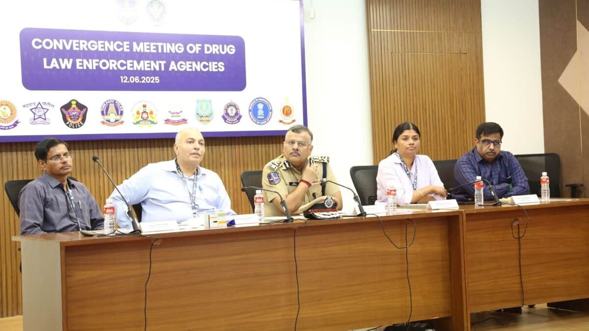 Telangana DGP Jitendra and TGANB director Sandeep Shandilya with other officials at the convergence meeting