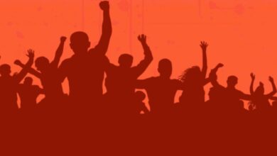 The image displays a picture of communal clash