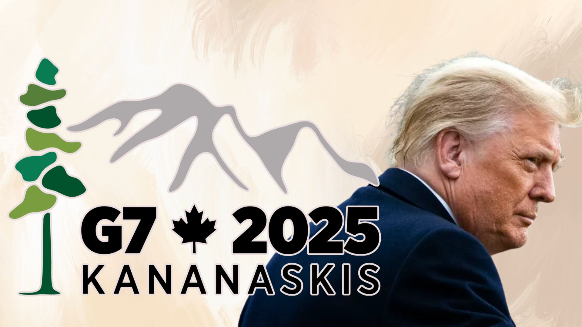 The image shows a light background with G7-2025 logo and President Trump in the foreground