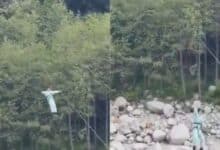 On the left is the girl enjoying her ride before her harness snaps, and she falls to the ground